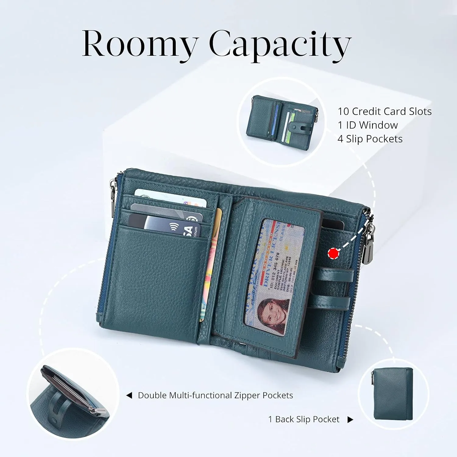 Bveyzi Small Soft Leather Wallet for Women RFID Blocking Ladies Card Holder with Double Zipper Pocket