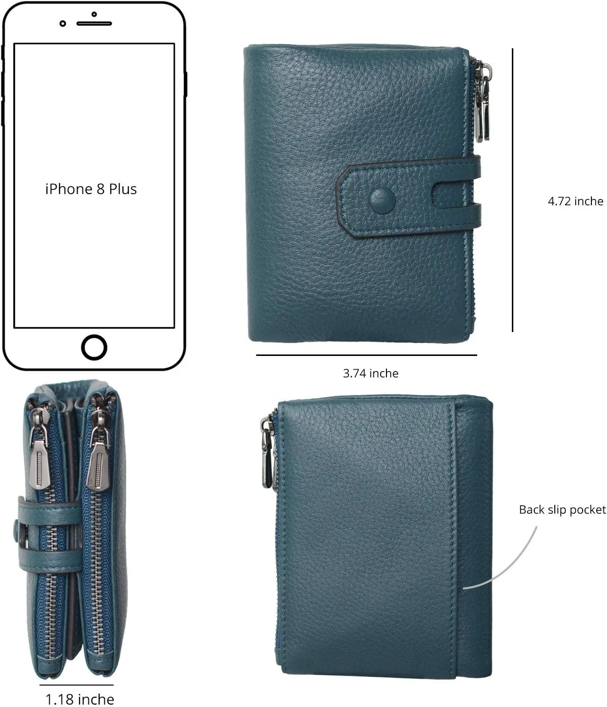 Bveyzi Small Soft Leather Wallet for Women RFID Blocking Ladies Card Holder with Double Zipper Pocket