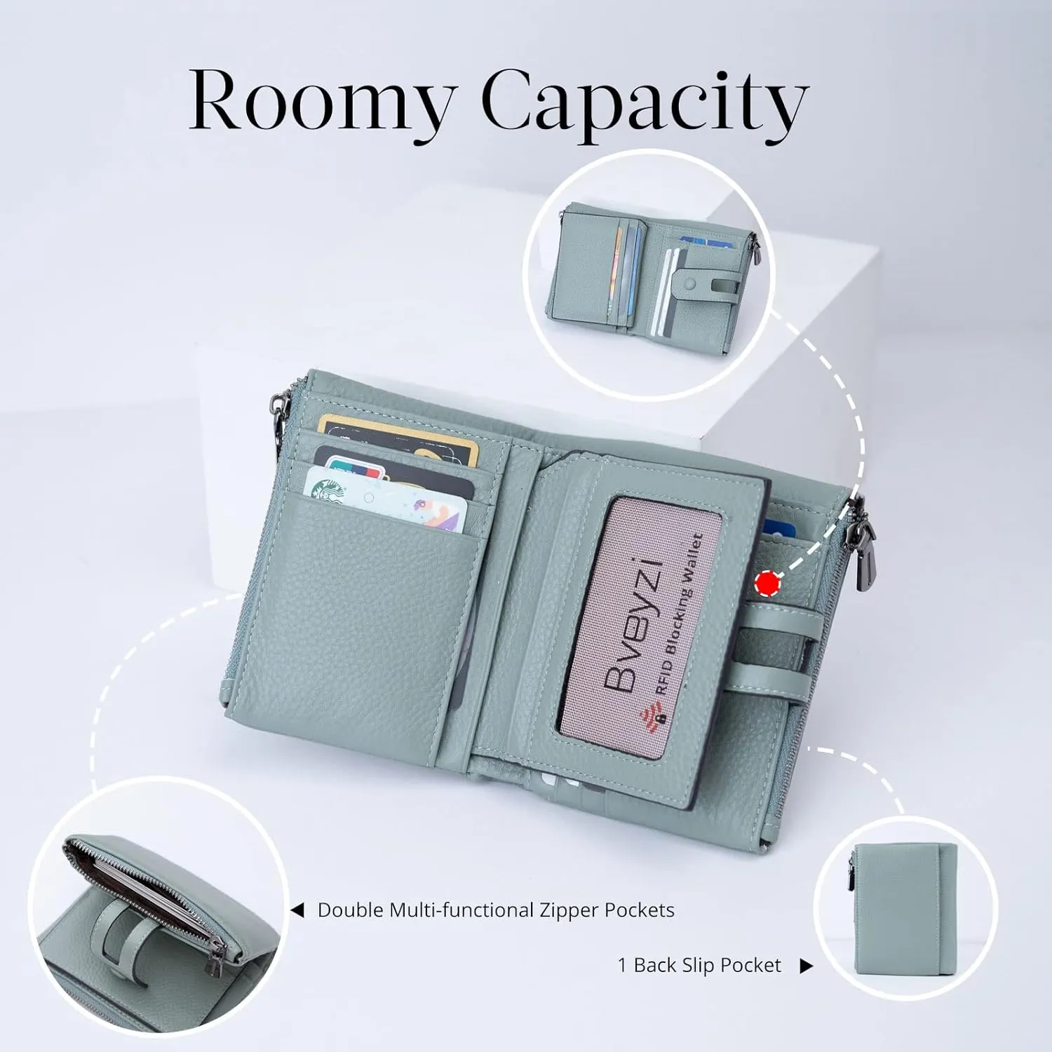 Bveyzi Small Soft Leather Wallet for Women RFID Blocking Ladies Card Holder with Double Zipper Pocket