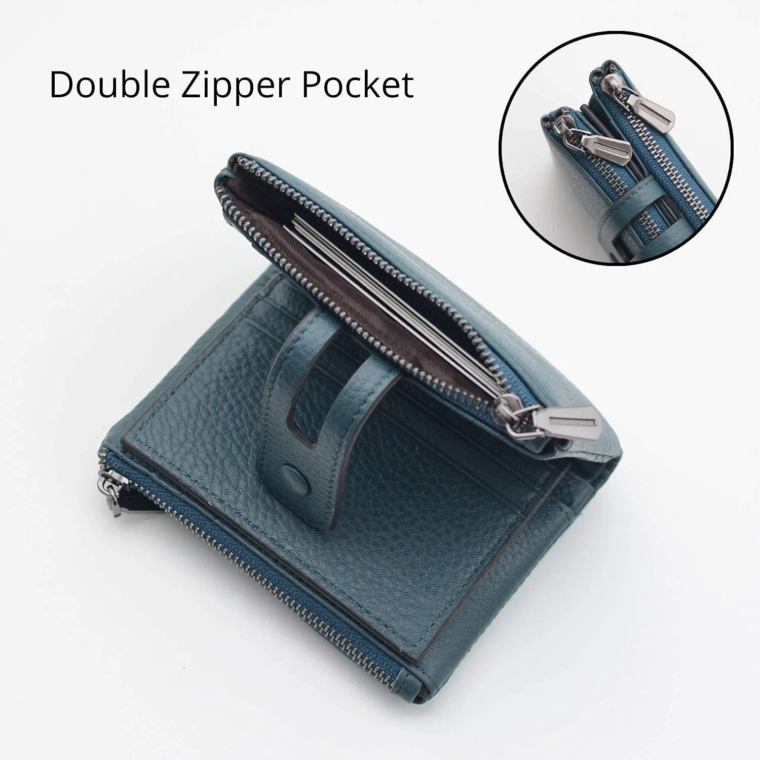 Bveyzi Small Soft Leather Wallet for Women RFID Blocking Ladies Card Holder with Double Zipper Pocket