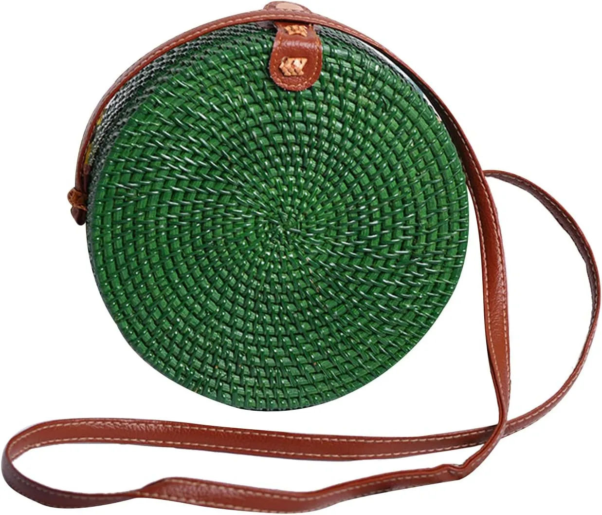 Candy Colors Handwoven Round Rattan Shoulders Handbags Natural Chic Hand Tropical Beach Style with Leather Strap