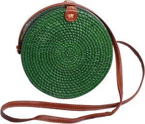 Candy Colors Handwoven Round Rattan Shoulders Handbags Natural Chic Hand Tropical Beach Style with Leather Strap