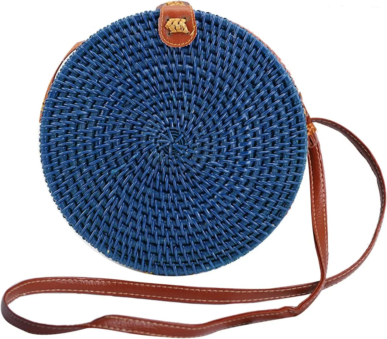 Candy Colors Handwoven Round Rattan Shoulders Handbags Natural Chic Hand Tropical Beach Style with Leather Strap