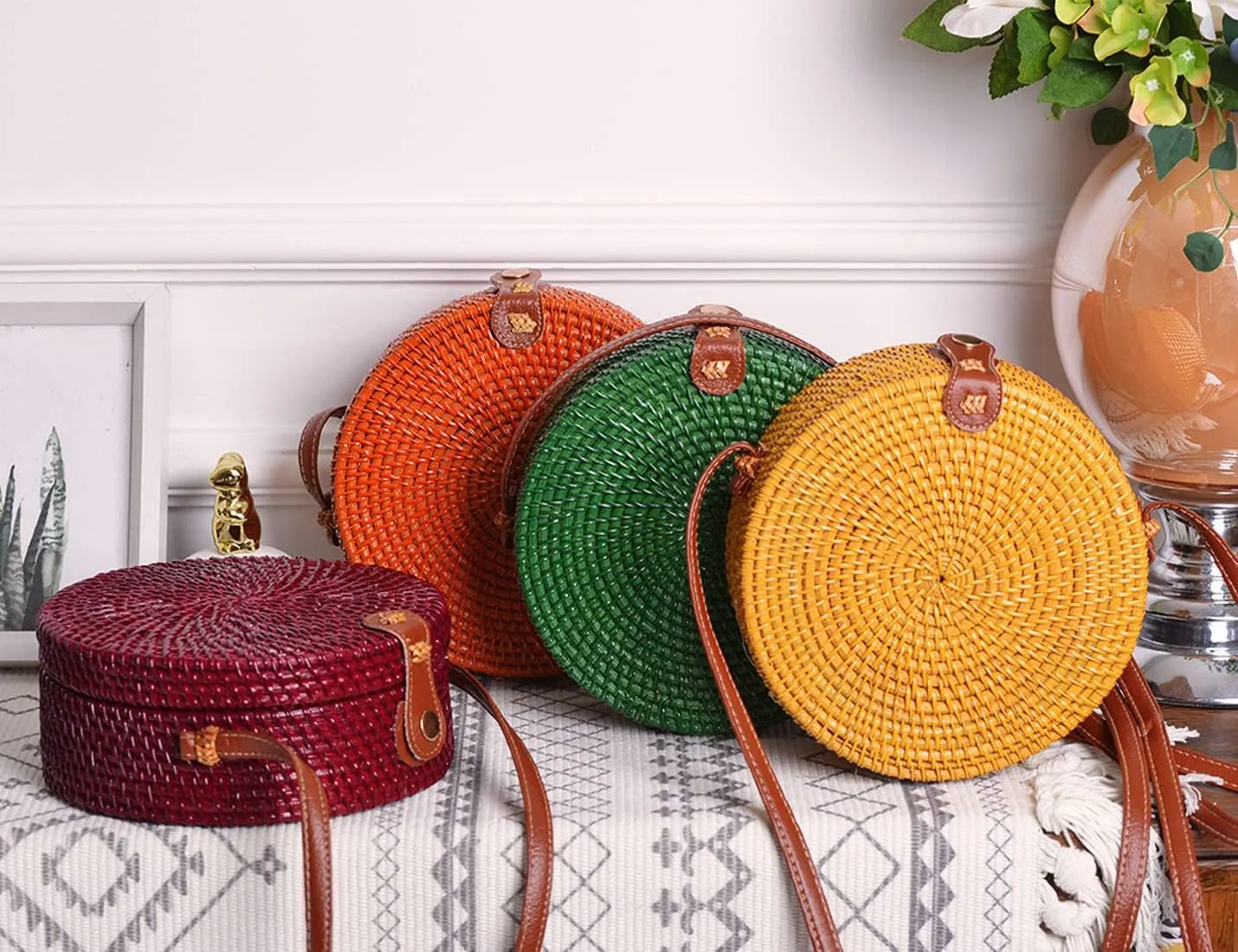 Candy Colors Handwoven Round Rattan Shoulders Handbags Natural Chic Hand Tropical Beach Style with Leather Strap