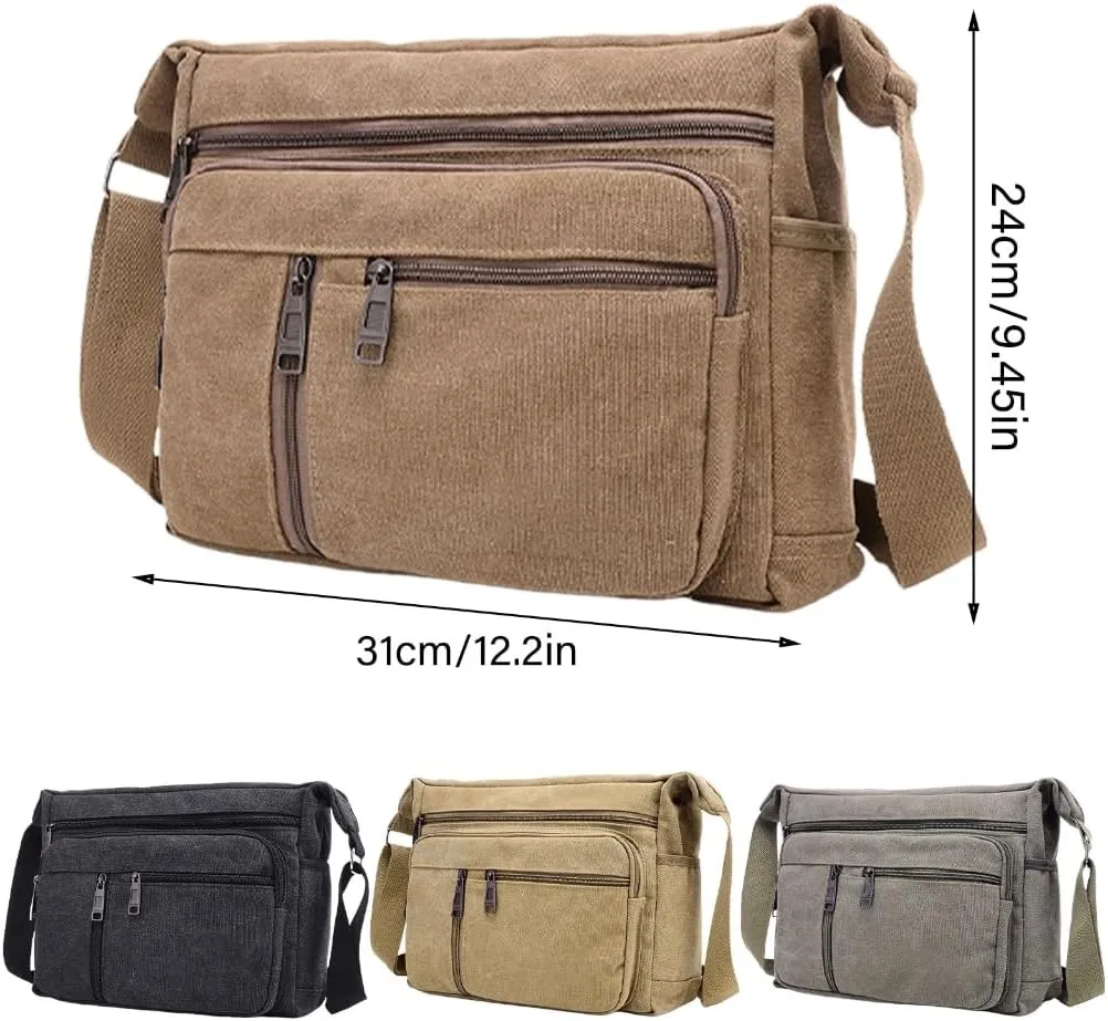 Canvas Crossbody Bag for Men Casual Shoulder Bag with Large Capacity Multi Layer Satchel for Travel and Work