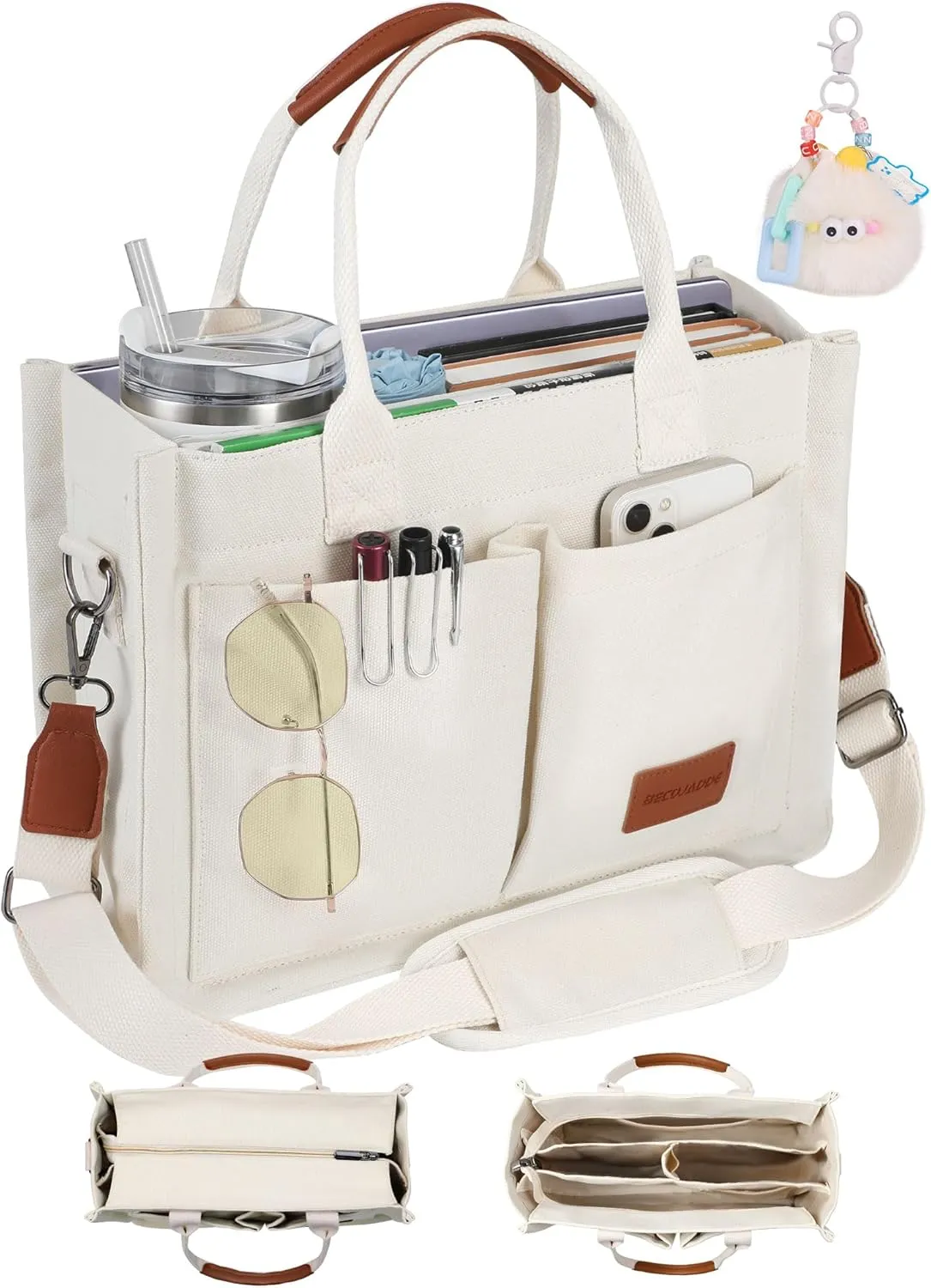 Canvas Tote Bag Purse for Women with Zipper Closure, Individual Compartments & Bottom Suppor