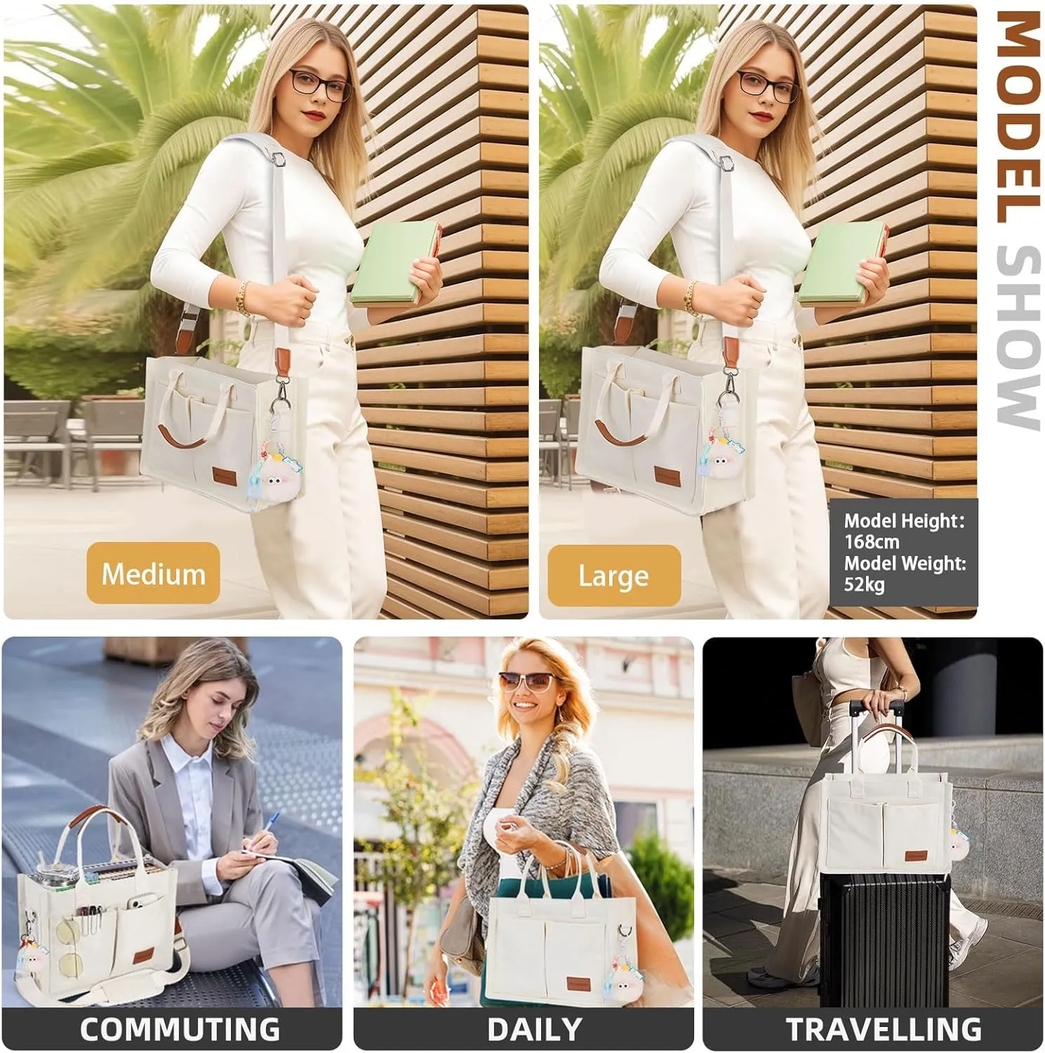 Canvas Tote Bag Purse for Women with Zipper Closure, Individual Compartments & Bottom Suppor
