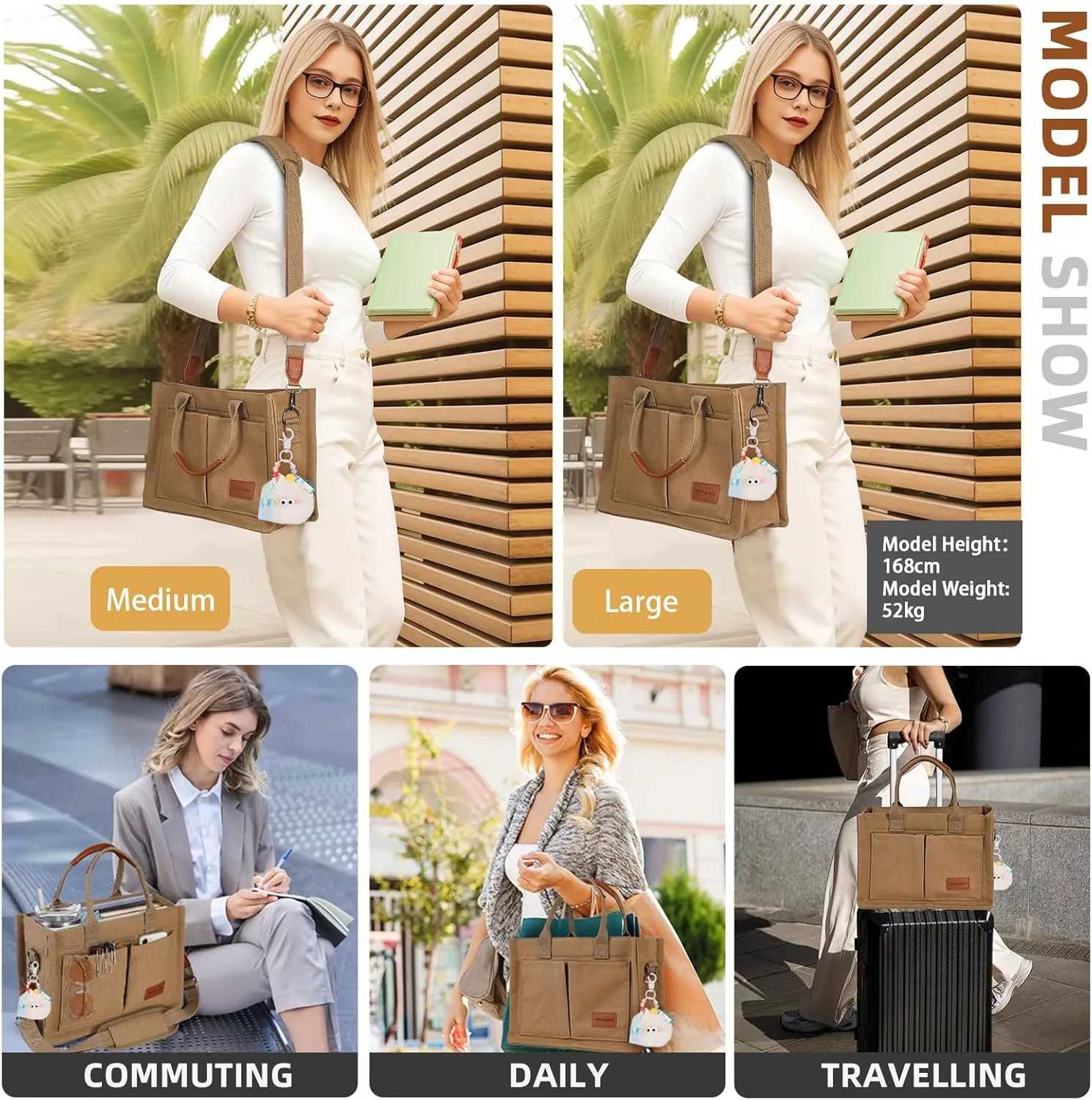 Canvas Tote Bag Purse for Women with Zipper Closure, Individual Compartments & Bottom Suppor