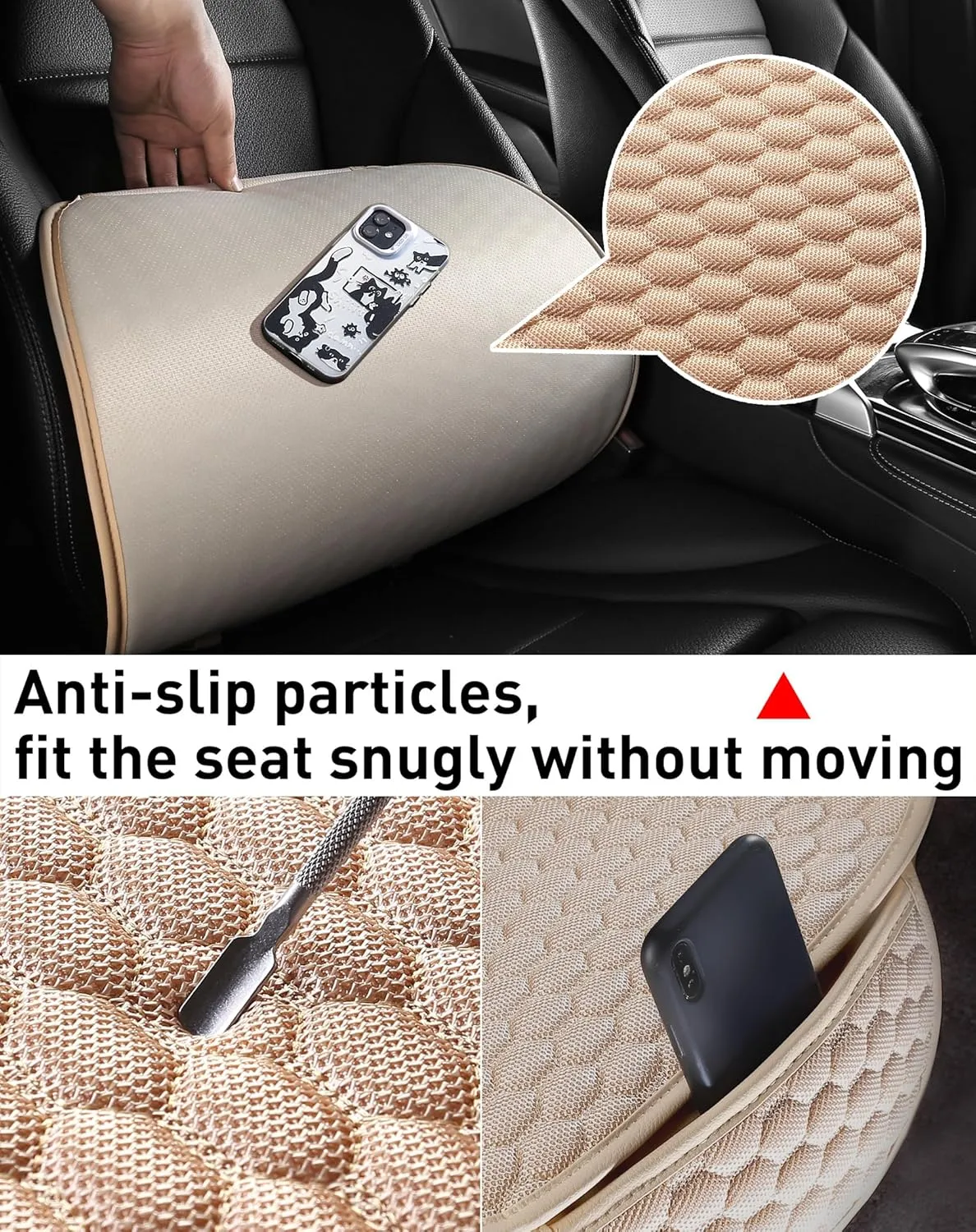 CAPITAUTO Car Seat Covers Cushion Pad,2PCS Front Bottom Seat Covers for Cars,Super Breathable,Storage Bags,Anti-Slip,Universal Automotive Seat Covers Fit for Most Sedans SUV Pick-up(2Pcs Beige)