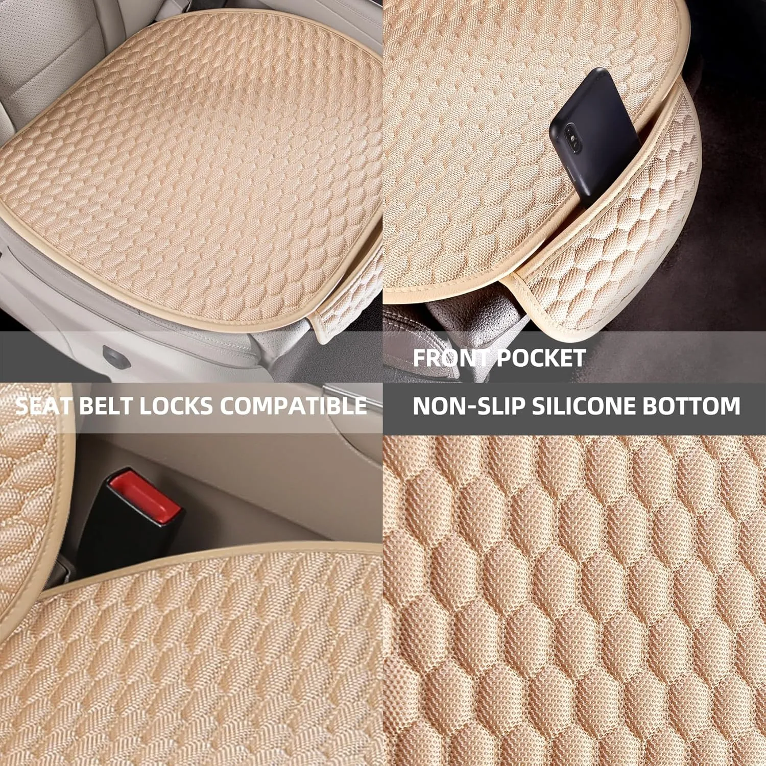 CAPITAUTO Car Seat Covers Cushion Pad,2PCS Front Bottom Seat Covers for Cars,Super Breathable,Storage Bags,Anti-Slip,Universal Automotive Seat Covers Fit for Most Sedans SUV Pick-up(2Pcs Beige)