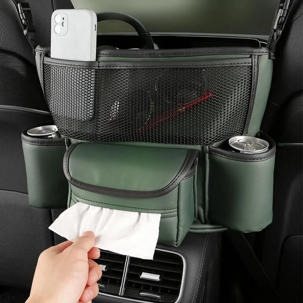 Car Handbag Holder Between Seats, PU Leather Large Capacity Car Purse Holder for Front Seat, Seat Back Net Bag Double-sided Tissue Storage Handbag Holder Car Accessories (Army Green)
