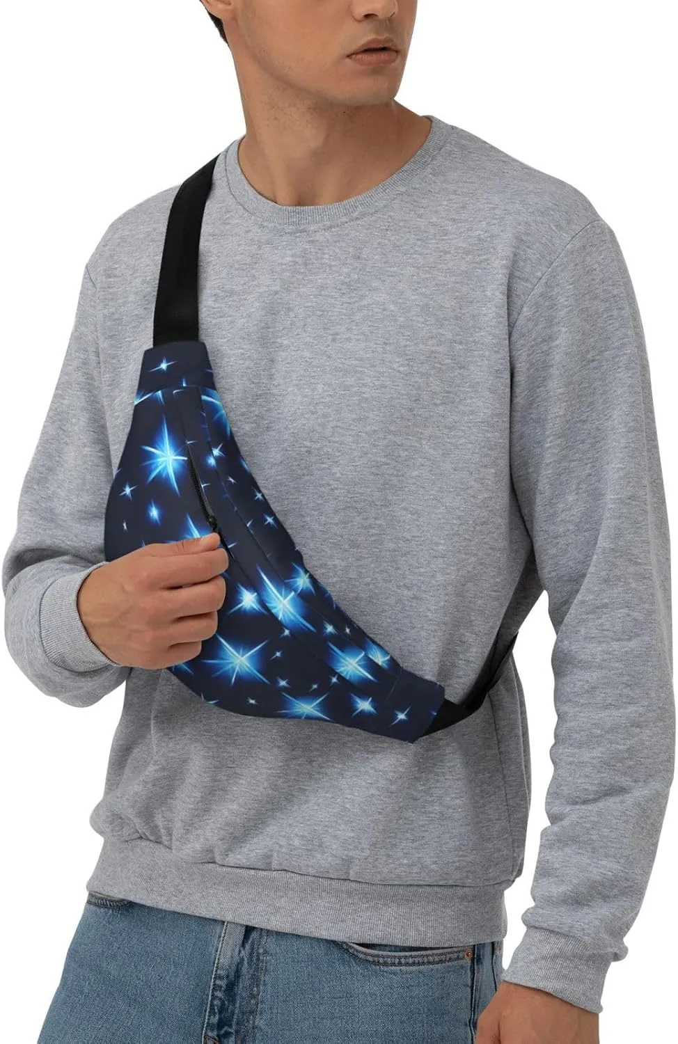 Cartoon Blue Star Print Large Crossbody Fanny Pack, Cute Waterproof Waist Pack Belt Bag For Men, Women, Stylish Running Accessory