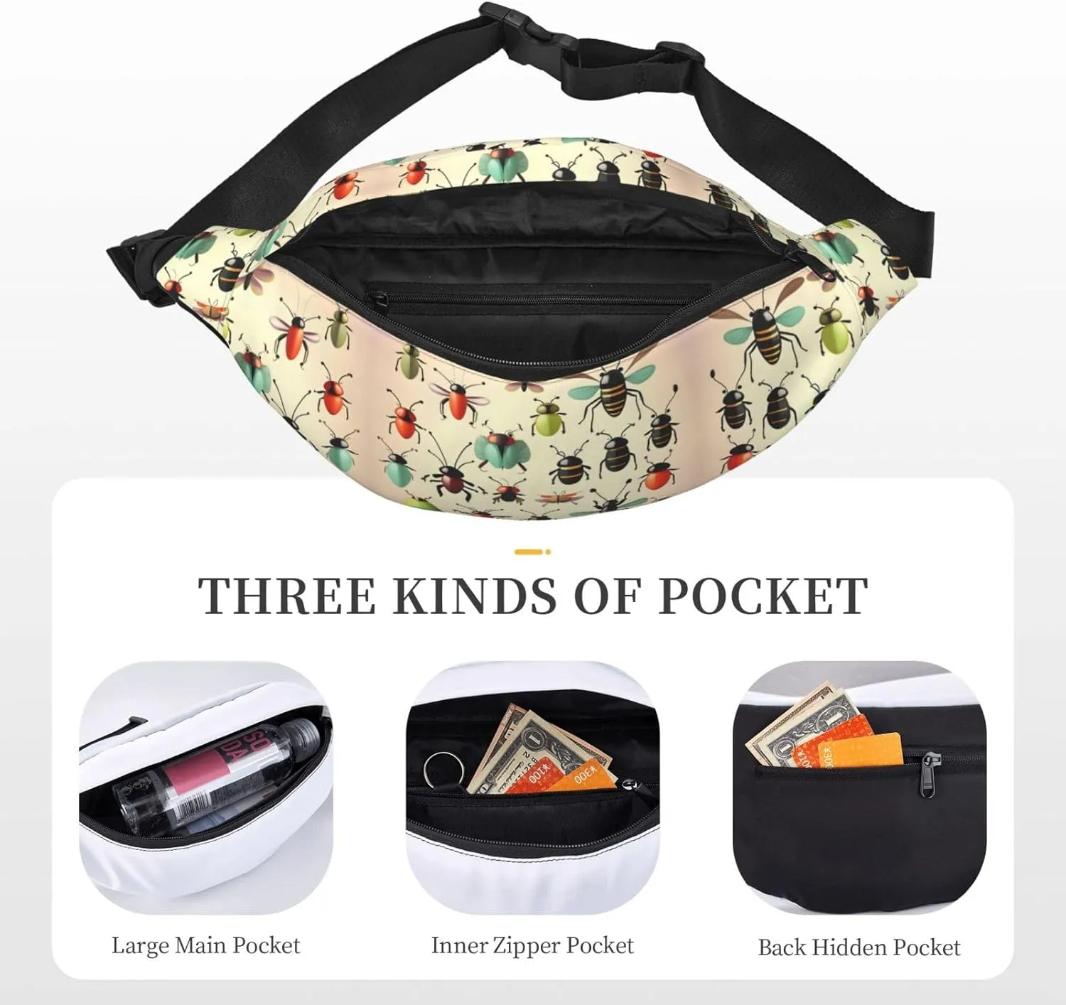 Cartoon Small Insects Print Large Crossbody Fanny Pack, Cute Waterproof Waist Pack Belt Bag For Men, Women, Stylish Running Accessory