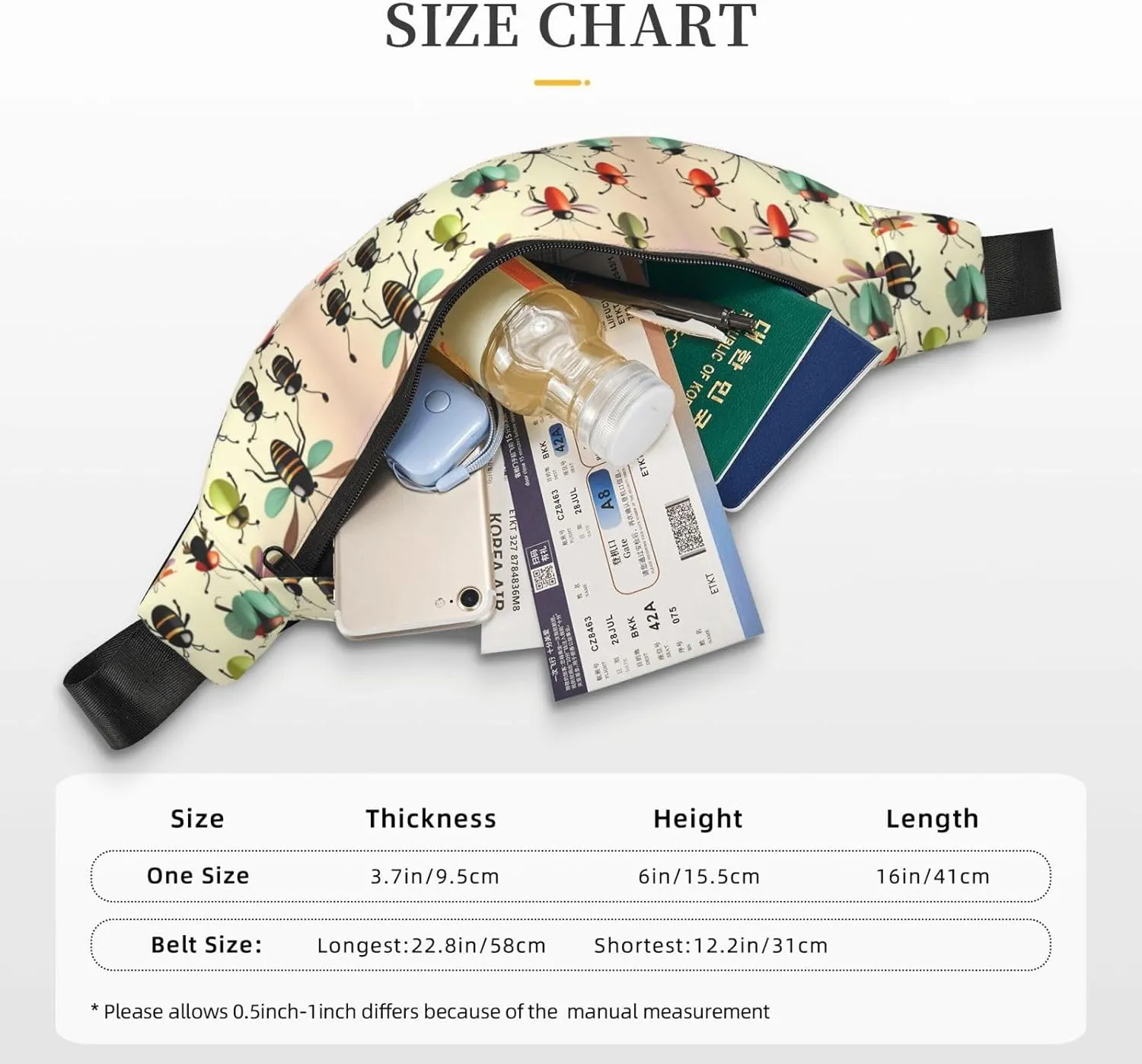 Cartoon Small Insects Print Large Crossbody Fanny Pack, Cute Waterproof Waist Pack Belt Bag For Men, Women, Stylish Running Accessory