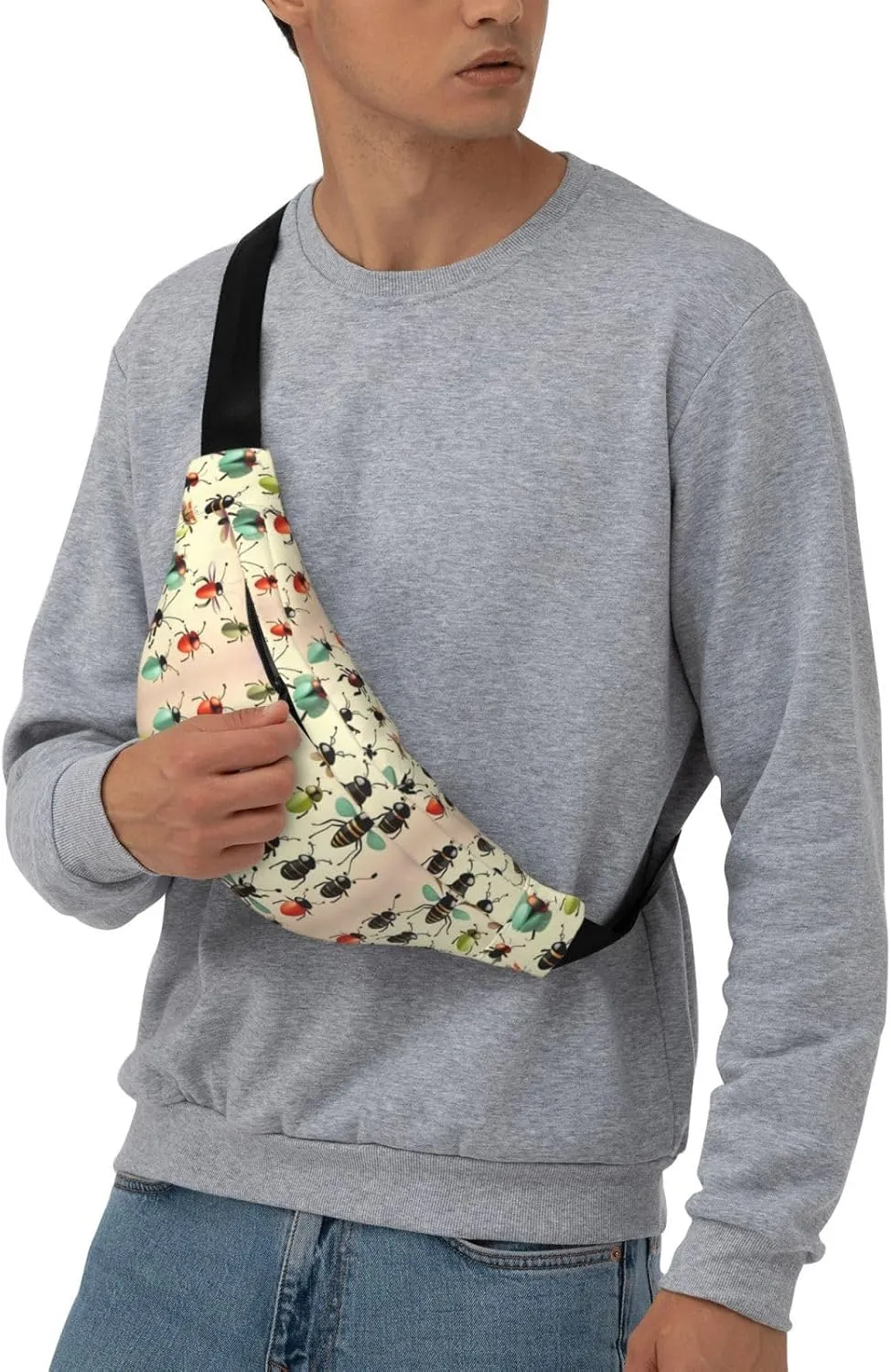 Cartoon Small Insects Print Large Crossbody Fanny Pack, Cute Waterproof Waist Pack Belt Bag For Men, Women, Stylish Running Accessory