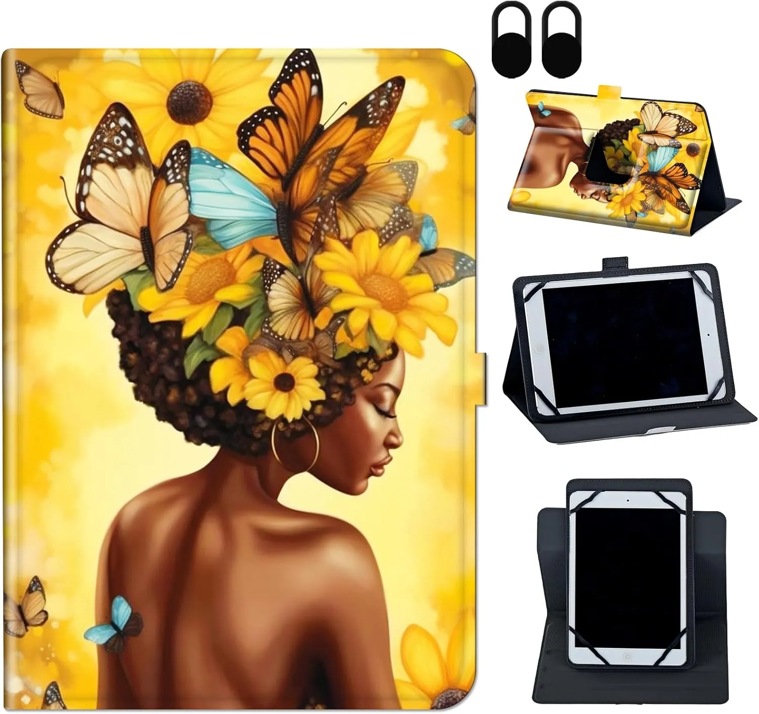 Case for TECLAST P20HD/M40/M40 Pro/M40 Plus 10.1 inch, African Butterflies Girl Pattern, Adjustable Stand, Brown/Green/Pink/Yellow