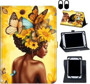 Case for TECLAST P20HD/M40/M40 Pro/M40 Plus 10.1 inch, African Butterflies Girl Pattern, Adjustable Stand, Brown/Green/Pink/Yellow