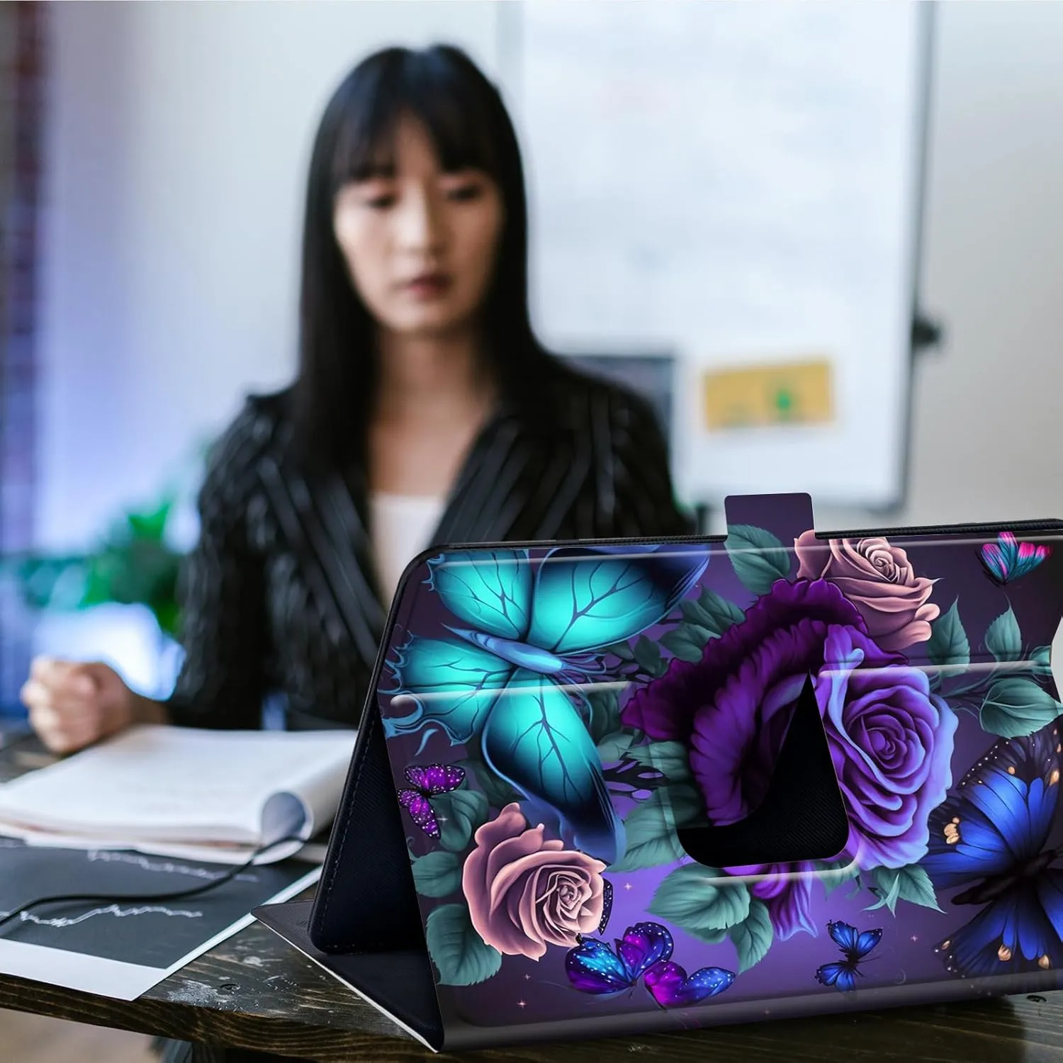 Case for TECLAST T40 Plus / T40 Pro 10.4 inch Android 11 Tablet,360 Degree Rotating Case Protective Cover,Blue Pink Roses Butterfly