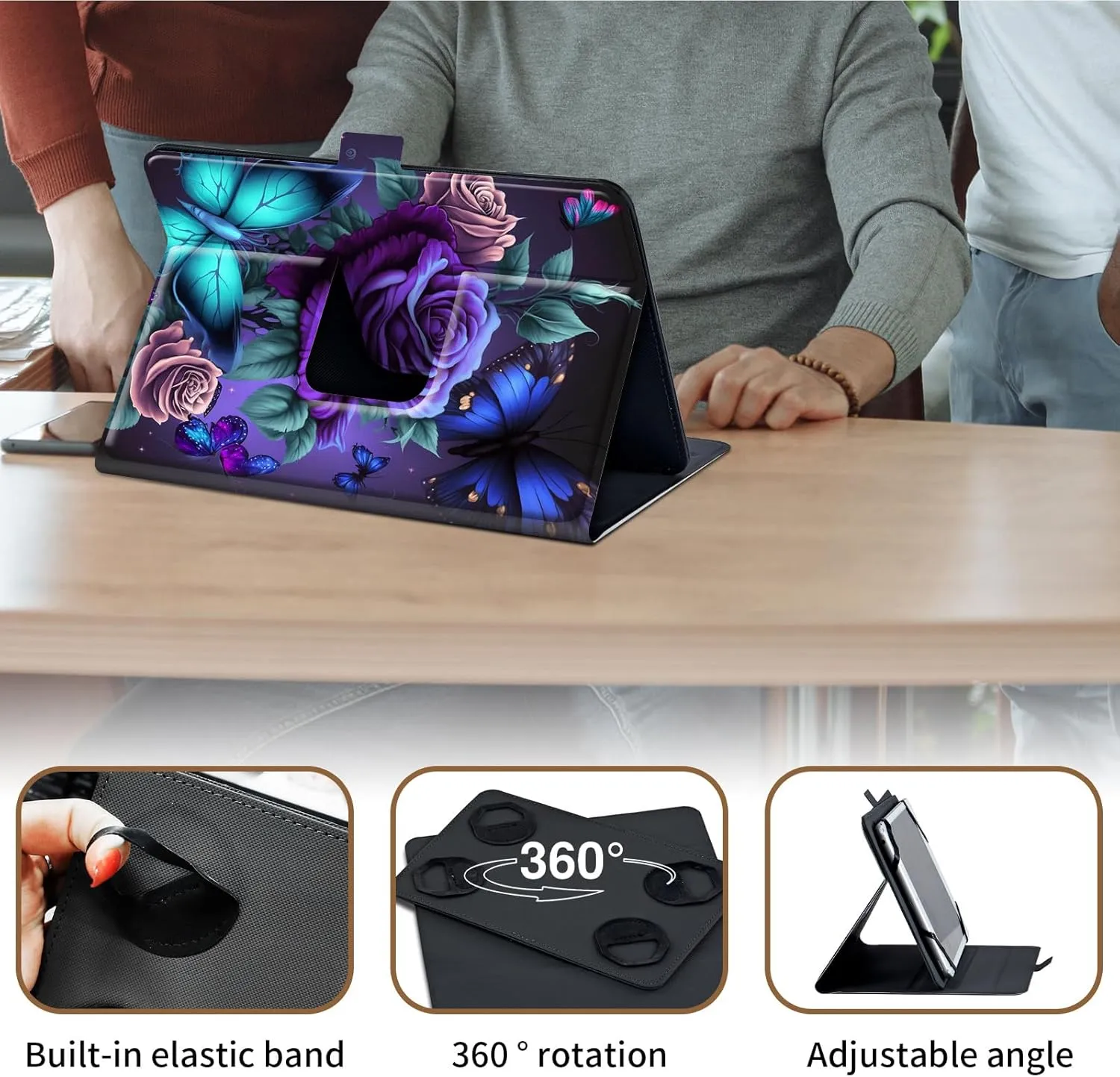 Case for TECLAST T40 Plus / T40 Pro 10.4 inch Android 11 Tablet,360 Degree Rotating Case Protective Cover,Blue Pink Roses Butterfly