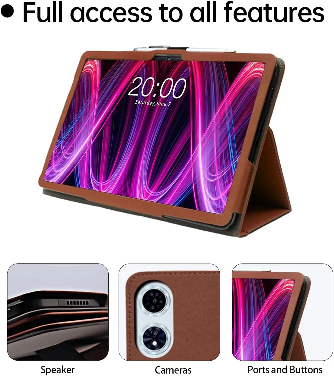 Case for TECLAST T60 Plus Tablet 12 inch Android 14 Tablets 2024 Upgraded Version,WUNIAK Premium Leather Business Folio Stand Cover with Hand Strap for Table,Brown.