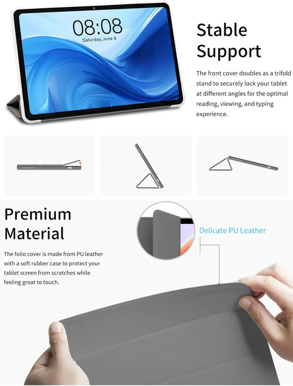 Case for TECLAST T60 Tablet 12 inch Android 14 Tablets, Ultra Slim PU Leather Folding Protective Cover Case with Auto Wake/Sleep Trifold Stand Soft TPU Back Shell for TECLAST T60, Orange
