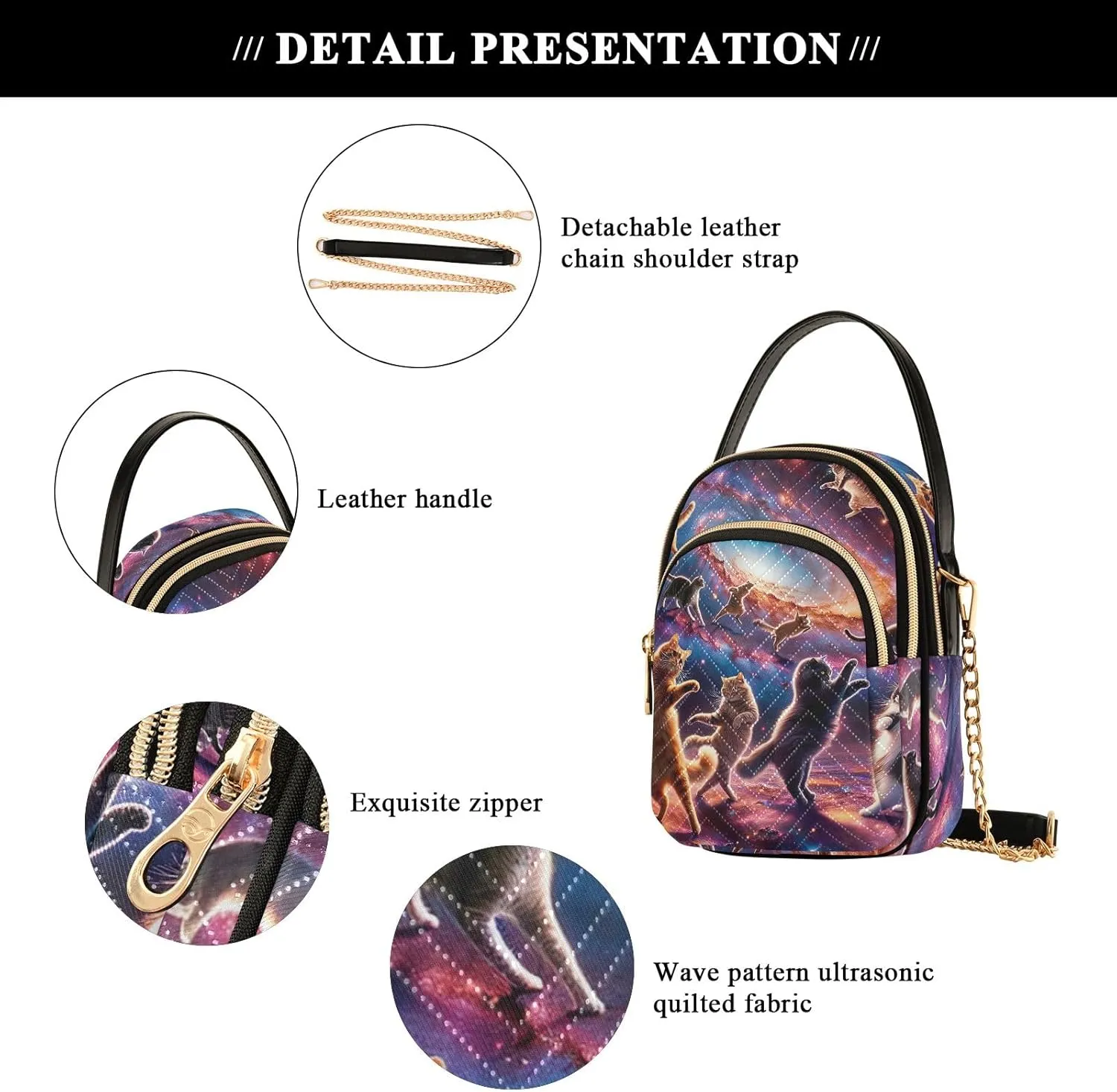 Cats Dancing on Galaxy Funny Quilted Shoulder Bags for Women Purse with Chain Strap