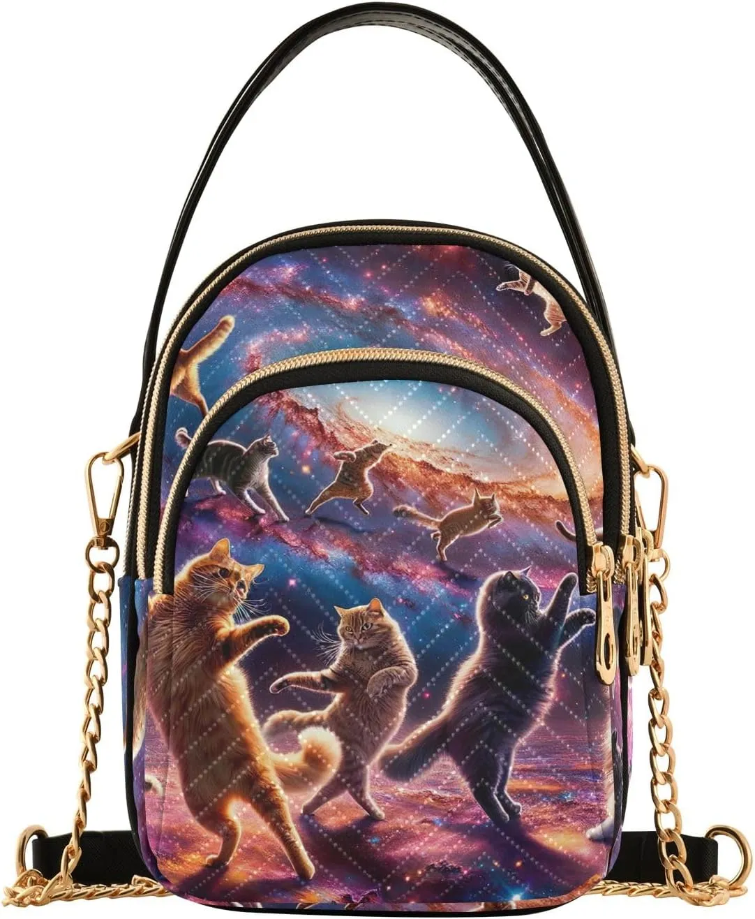 Cats Dancing on Galaxy Funny Quilted Shoulder Bags for Women Purse with Chain Strap