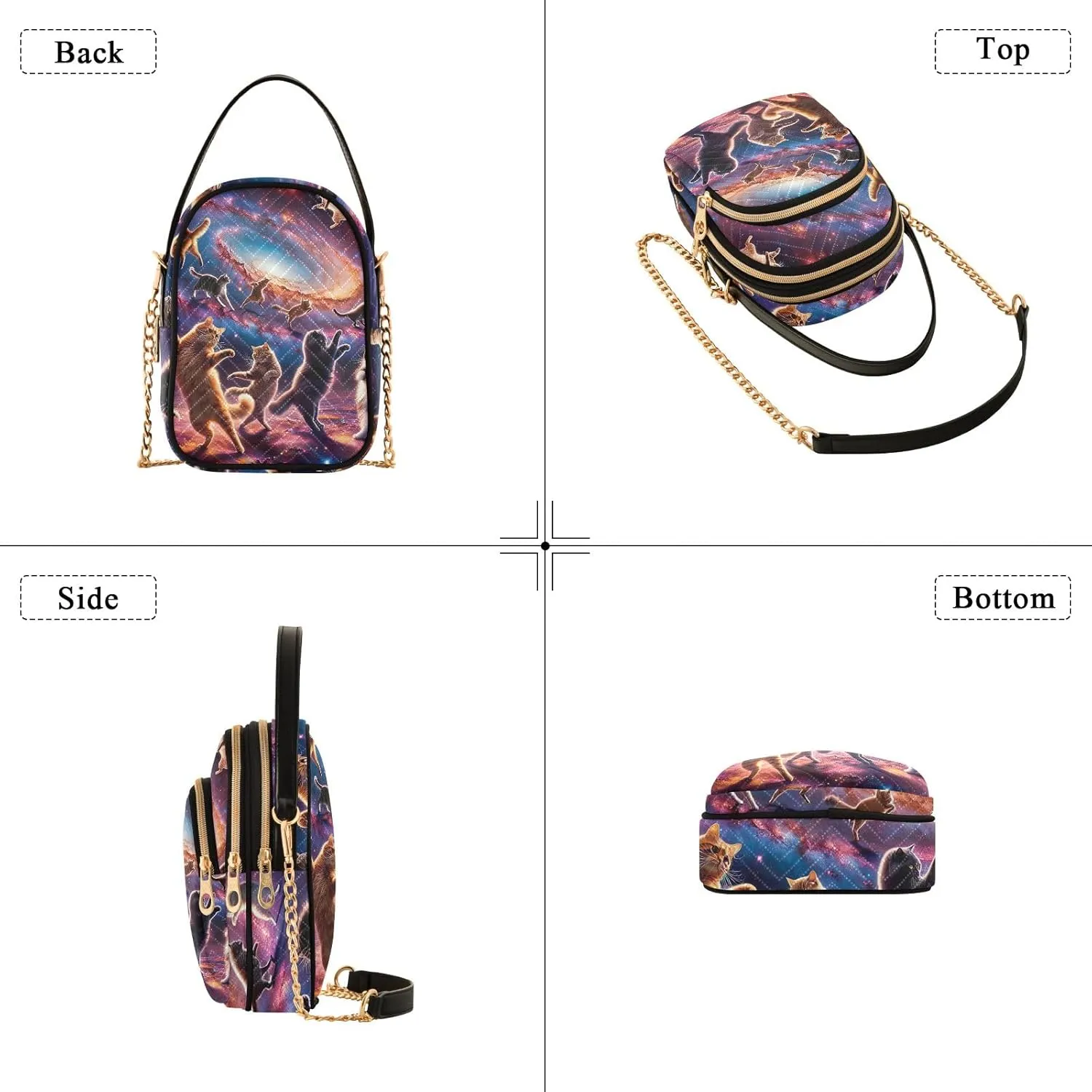 Cats Dancing on Galaxy Funny Quilted Shoulder Bags for Women Purse with Chain Strap