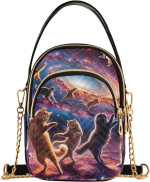 Cats Dancing on Galaxy Funny Quilted Shoulder Bags for Women Purse with Chain Strap