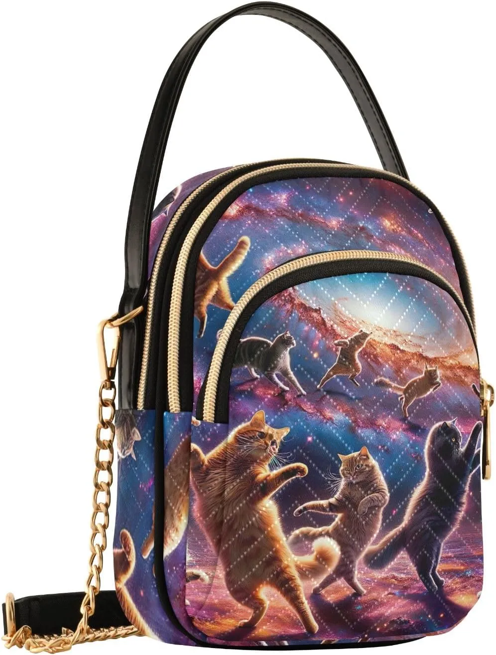 Cats Dancing on Galaxy Funny Quilted Shoulder Bags for Women Purse with Chain Strap