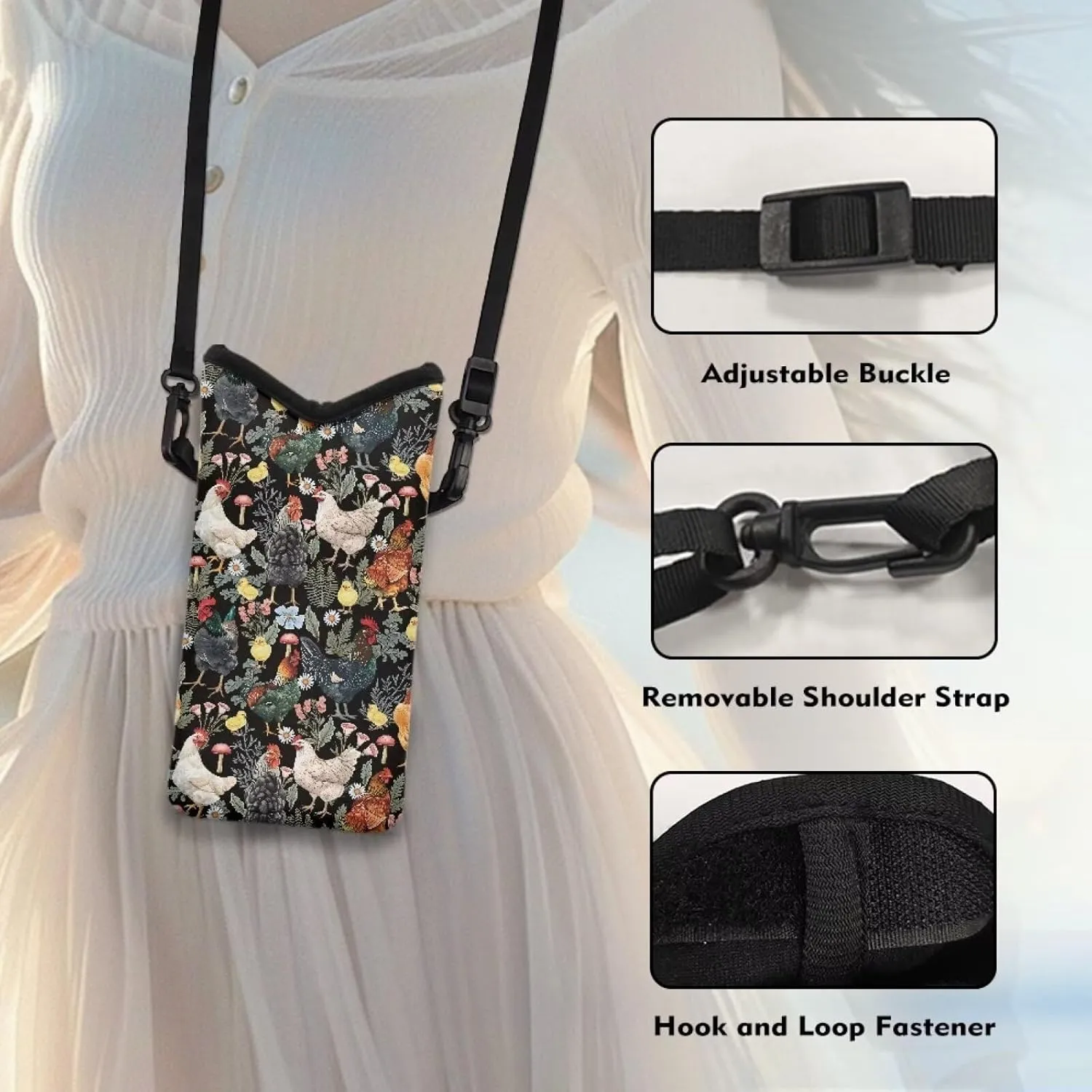 Cell Phone Crossbody Purse for Women Men Phone Case Phone Holster Bag Phone Sleeve with Strap Fits Most of Smartphone, Vintage Rooster Mushroom Flowers Print