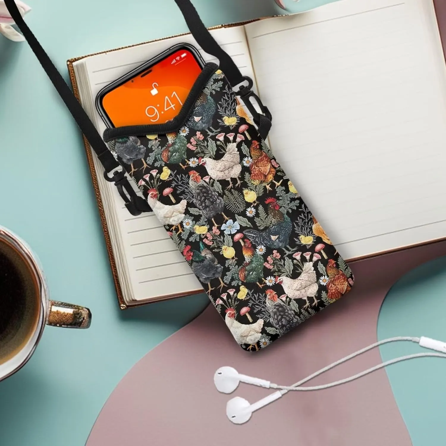 Cell Phone Crossbody Purse for Women Men Phone Case Phone Holster Bag Phone Sleeve with Strap Fits Most of Smartphone, Vintage Rooster Mushroom Flowers Print