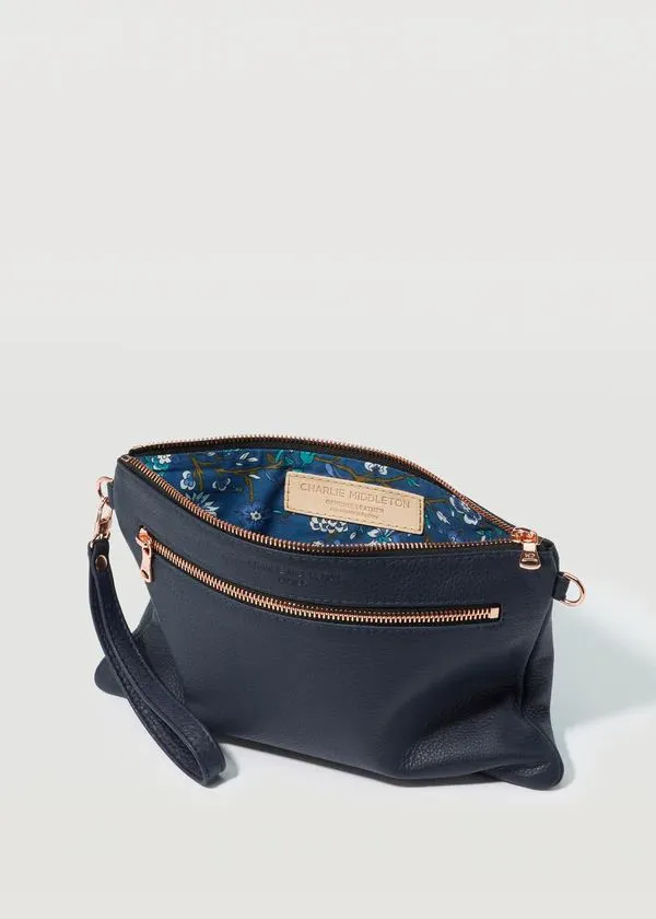 CHARLIE MIDDLETON Navy Nappa Dual Zip Crossbody Bag - Gold