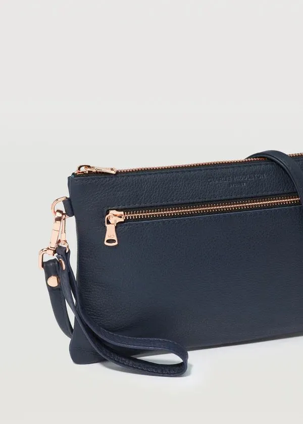 CHARLIE MIDDLETON Navy Nappa Dual Zip Crossbody Bag - Gold