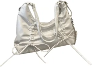 Chic Tote PU Bag for Women Cute Bow Detail Soft Waterproof Material Versatile for Travel and Work (White)