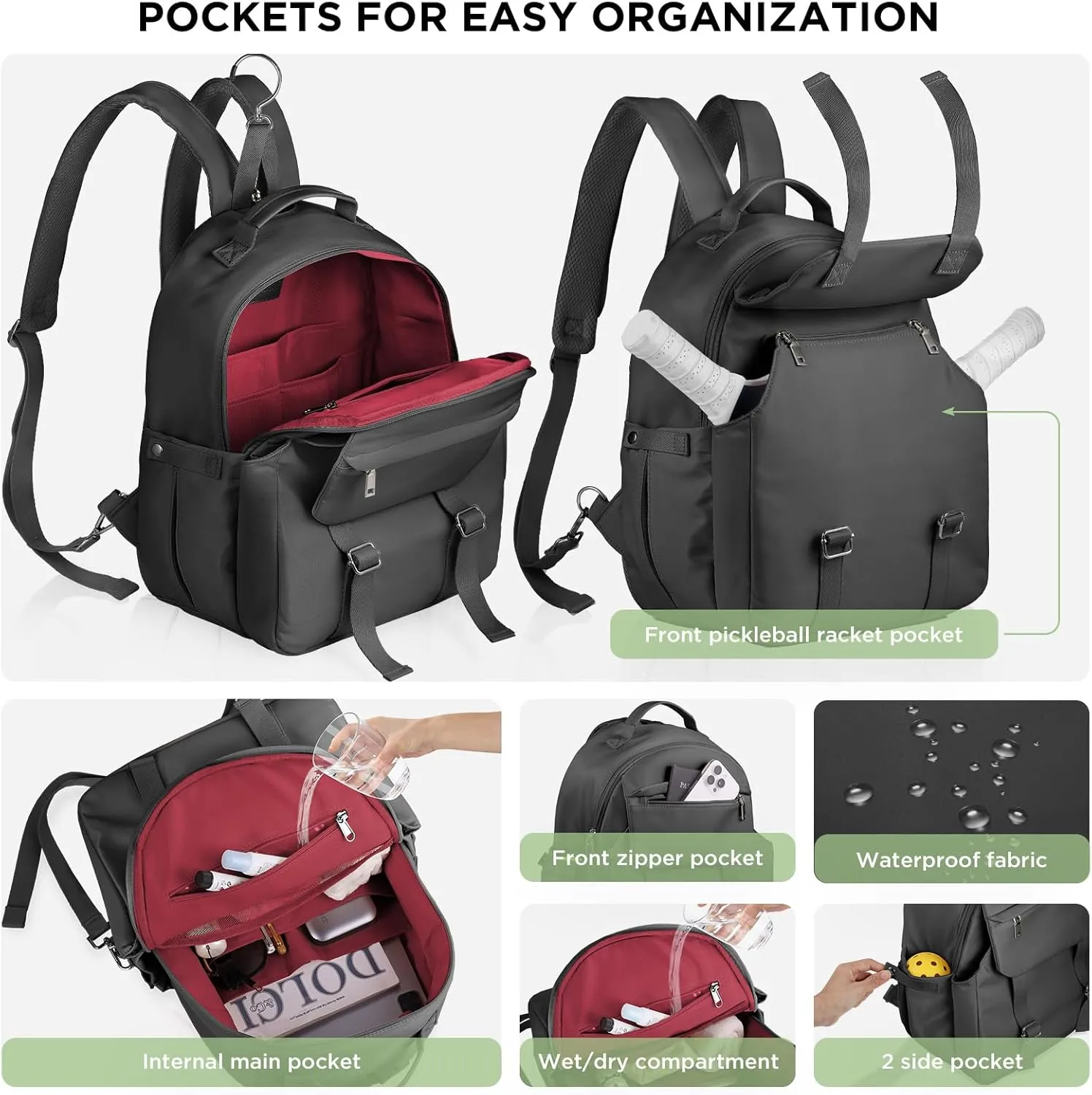 CHICECO Pickleball Backpack for Women, Pickleball Sling Bag,Waterpoof Nylon Pickleball Bag for Women Holds 2 Paddles (Black)