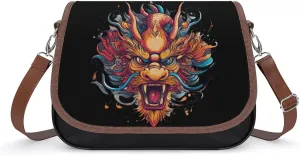 Chinese Dragon Crossbody Bags PU Leather Purses Shoulder Handbag with Adjustable Shoulder Strap