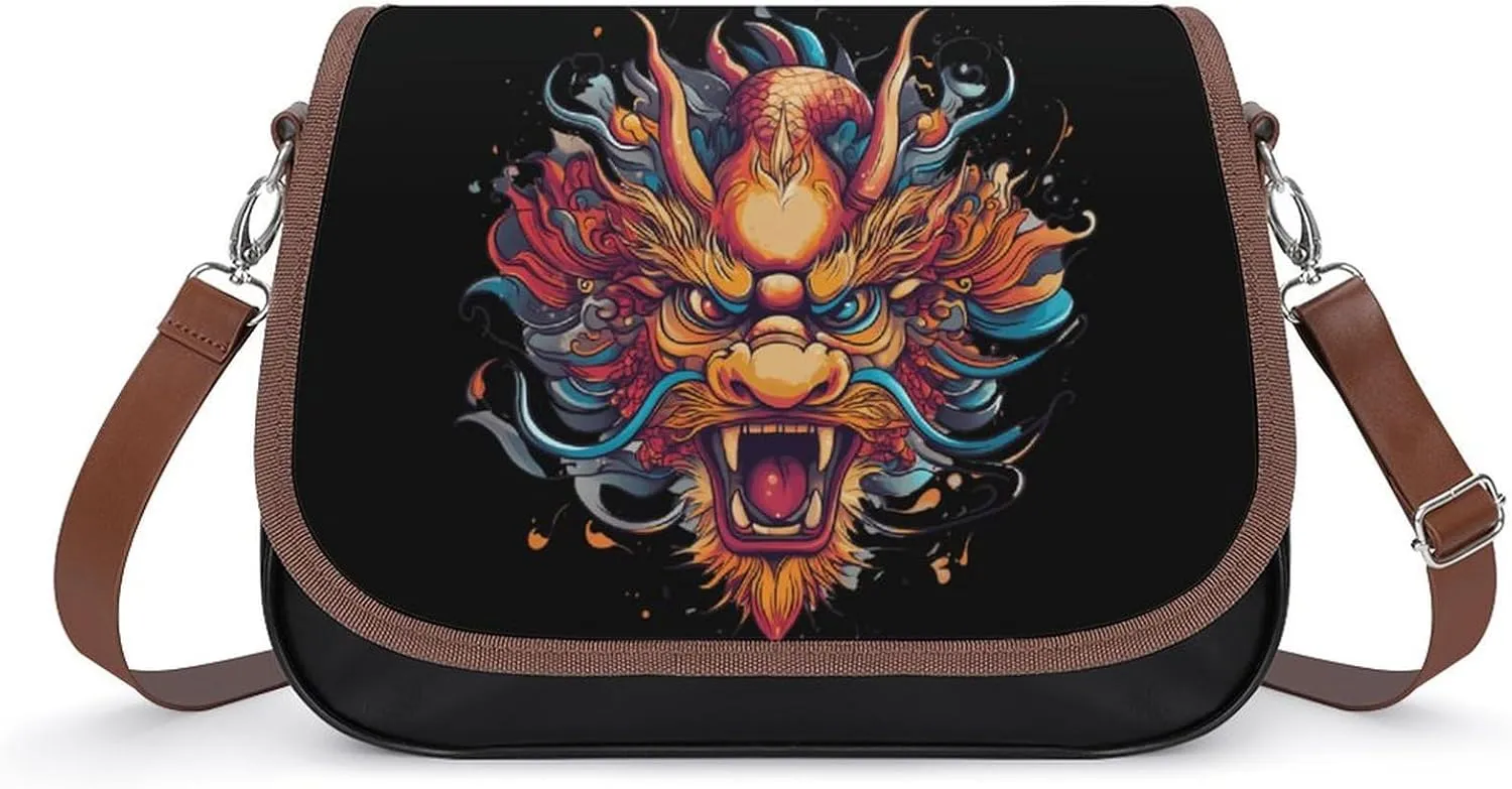 Chinese Dragon Crossbody Bags PU Leather Purses Shoulder Handbag with Adjustable Shoulder Strap