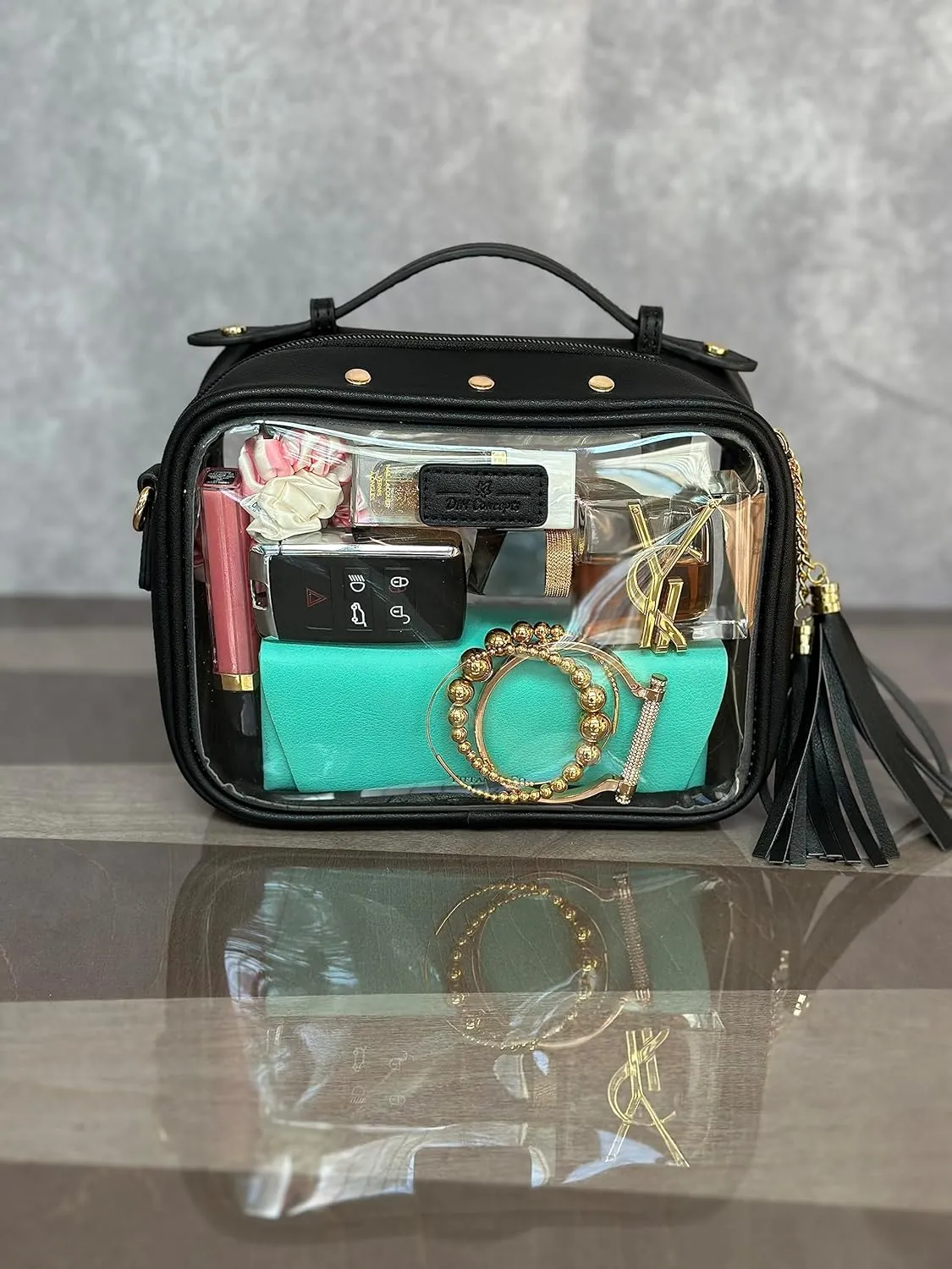 Clear Convertible Makeup Bag, Cosmetic Case, Toiletry Bag, Crossbody Bag with Leather and Chain Strap (Black the Bold)