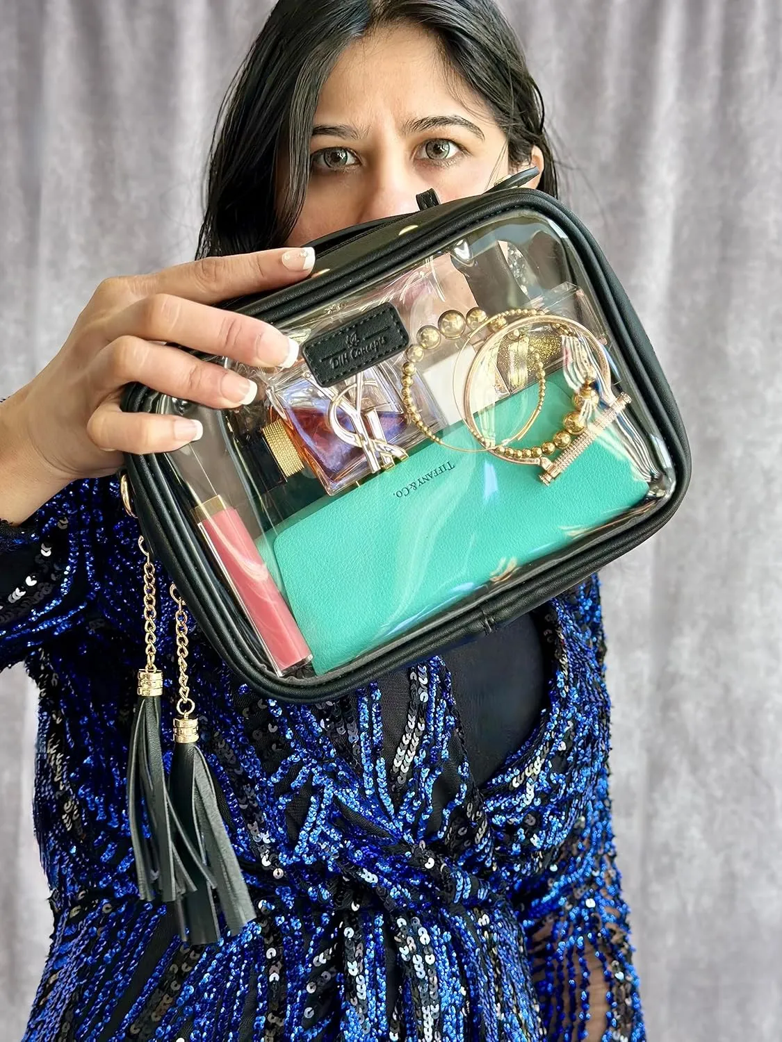 Clear Convertible Makeup Bag, Cosmetic Case, Toiletry Bag, Crossbody Bag with Leather and Chain Strap (Black the Bold)