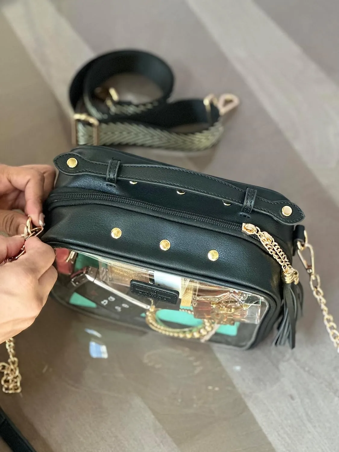 Clear Convertible Makeup Bag, Cosmetic Case, Toiletry Bag, Crossbody Bag with Leather and Chain Strap (Black the Bold)