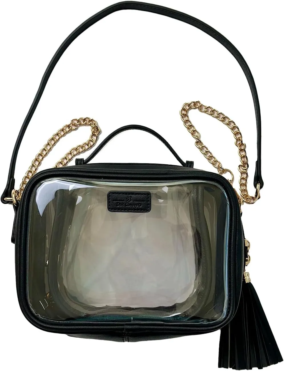 Clear Convertible Makeup Bag, Cosmetic Case, Toiletry Bag, Crossbody Bag with Leather and Chain Strap (Black the Bold)