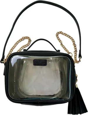 Clear Convertible Makeup Bag, Cosmetic Case, Toiletry Bag, Crossbody Bag with Leather and Chain Strap (Black the Bold)