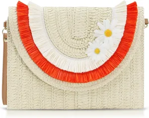 Clutch Purses for Women, 2-Colour Fringe Daisy Beach Bag, Hand-Woven Straw Envelope Package, Summer Crossbody Bags Suitable for Vacation Travel Daily(Orange)