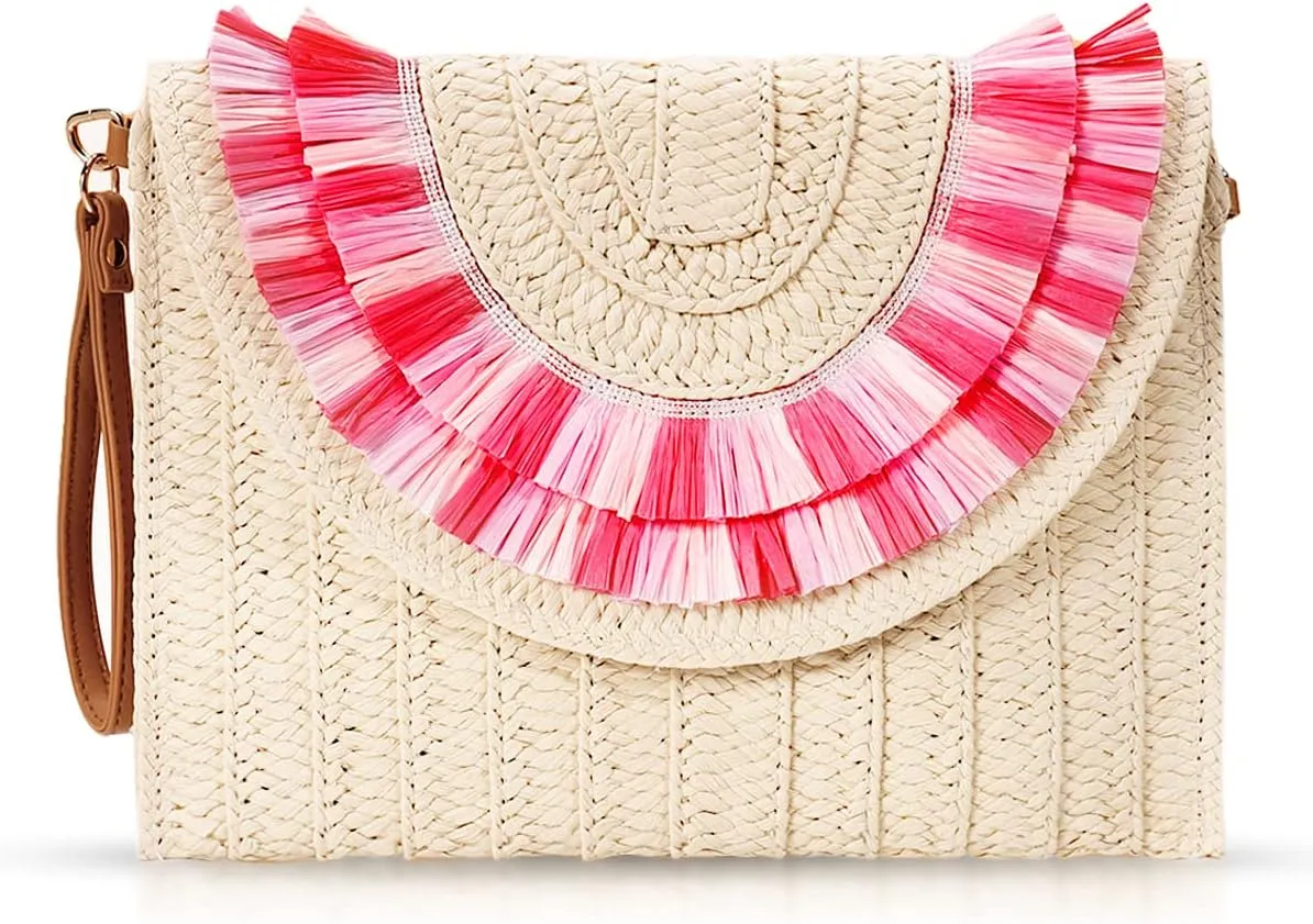 Clutch Purses for Women, Straw Beach Bag, Bohemian Handmade Woven Envelope Package, Tassel Summer Handbags for Vacation, Travel(Rose Green)