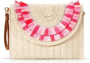 Clutch Purses for Women, Straw Beach Bag, Bohemian Handmade Woven Envelope Package, Tassel Summer Handbags for Vacation, Travel(Rose Green)