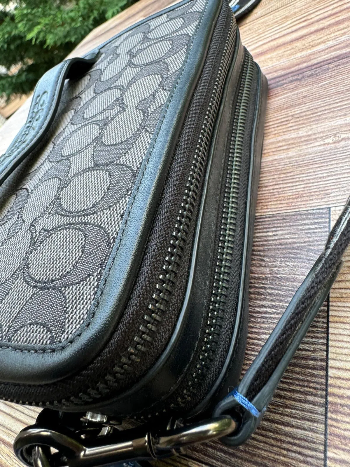 COACH SIGNATURE LOGO JACQUARD LEATHER CHARTER CROSSBODY BAG