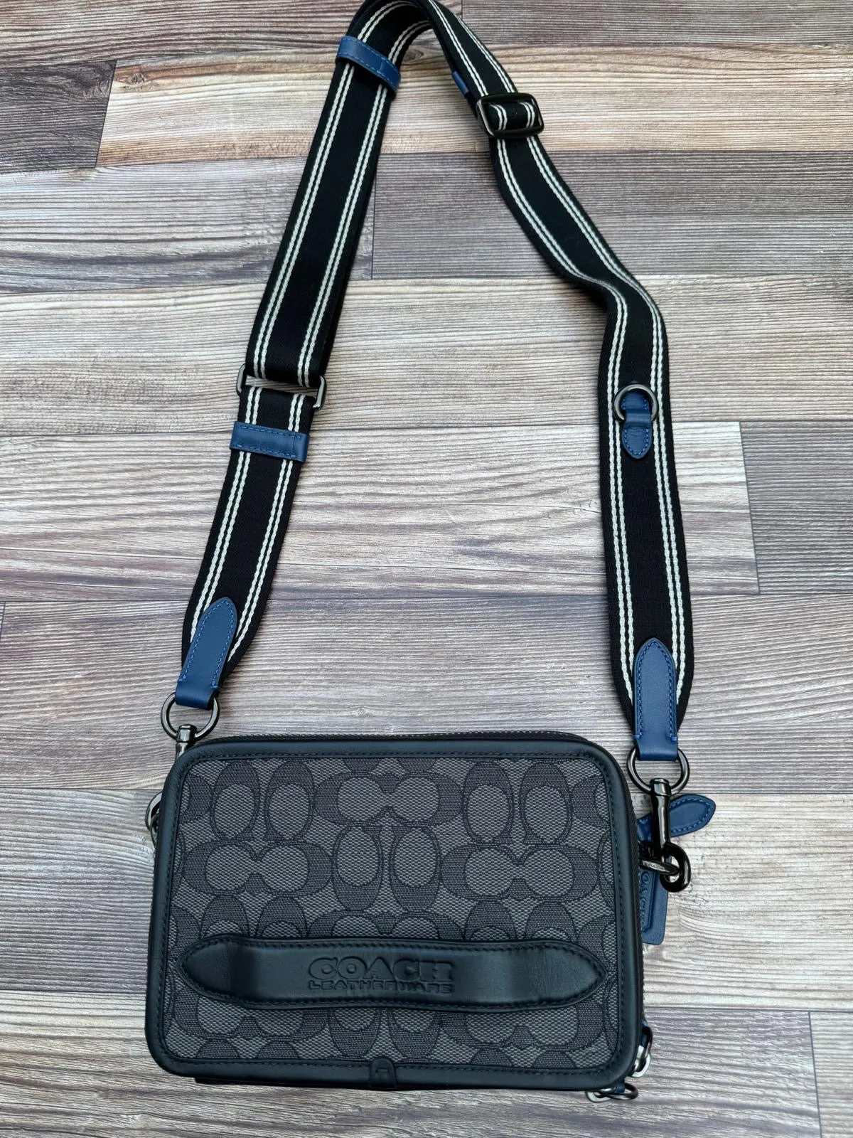 COACH SIGNATURE LOGO JACQUARD LEATHER CHARTER CROSSBODY BAG