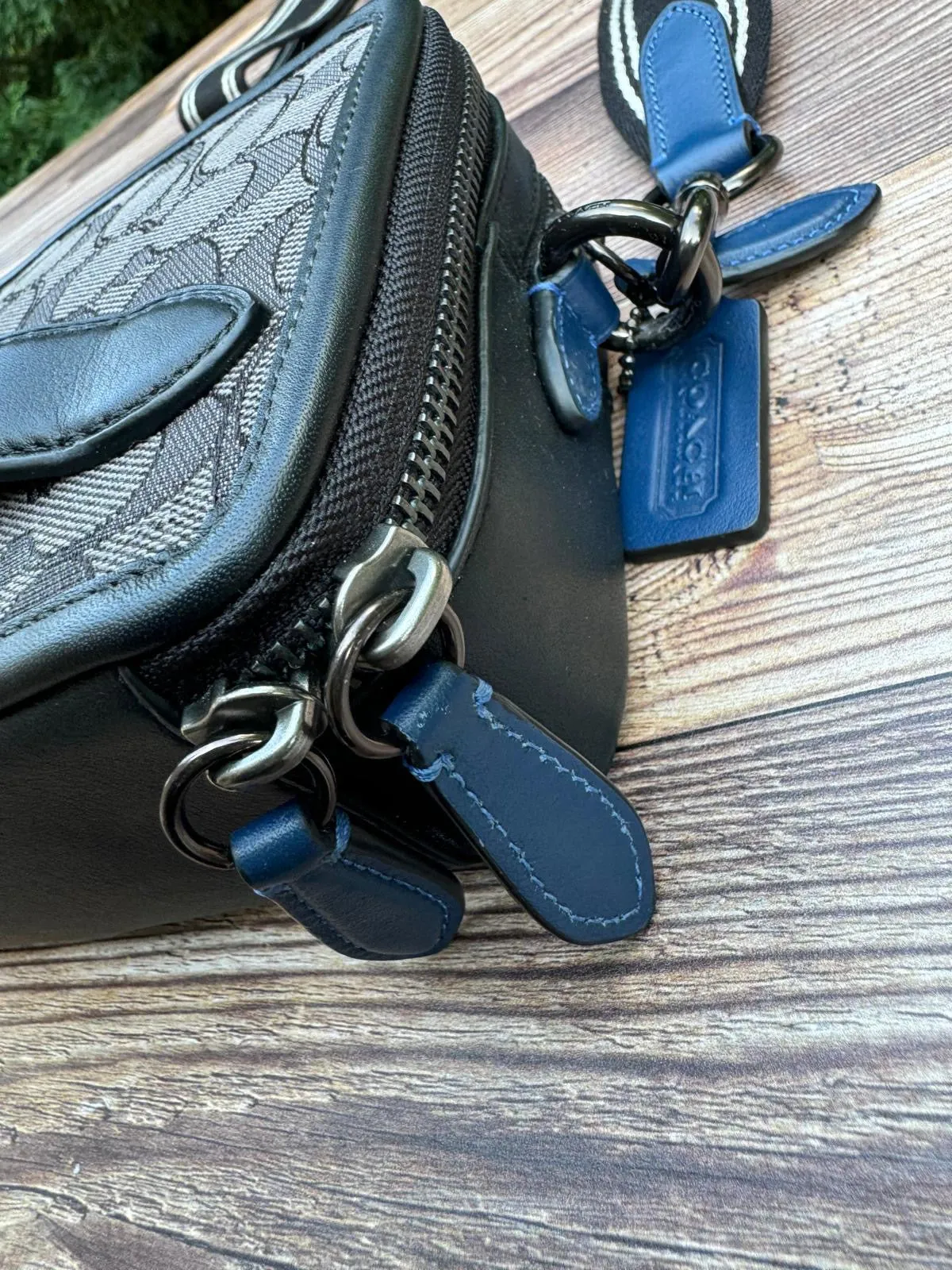 COACH SIGNATURE LOGO JACQUARD LEATHER CHARTER CROSSBODY BAG