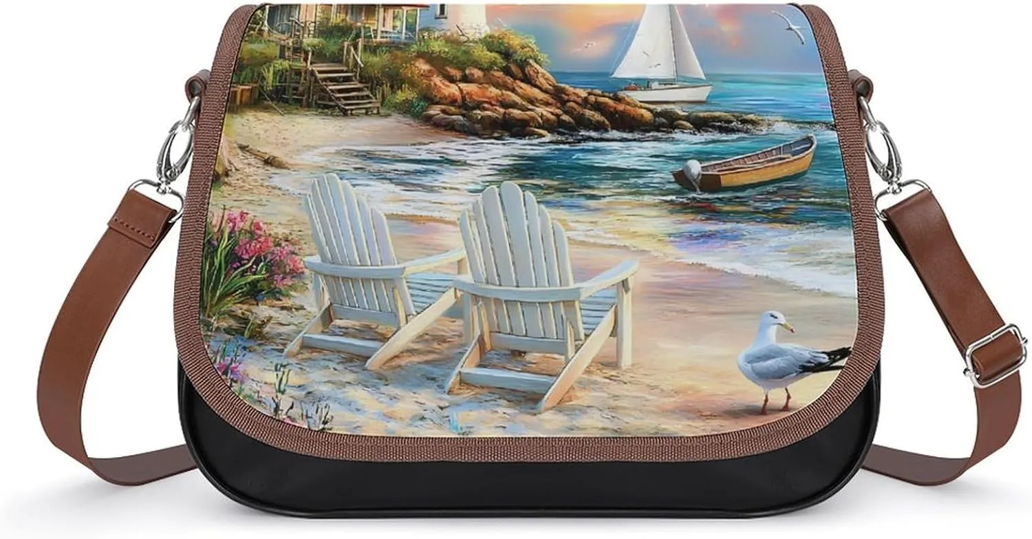 Coastal Lighthouse Seaside Scenery Crossbody Bags for Women Leather Tote Bag Handbag Purse for Work Travel